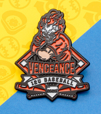 Enamel lapel pin featuring a flaming skull baseball player with the text Vengeance 12U Baseball 2025.