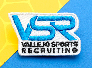 Embroidered Vallejo Sports Recruiting patch with blue VSR logo and black text on a white background.