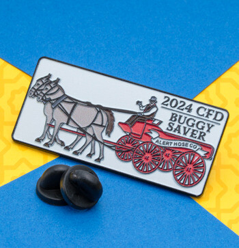 Rectangular lapel pin featuring 2024 CFD Buggy Saver text and an illustration of a horse-drawn fire carriage with red wheels.