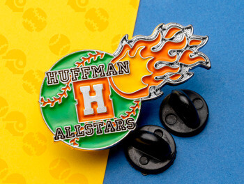 Enamel lapel pin featuring a green baseball with the Huffman Allstars name and a trailing fireball logo.