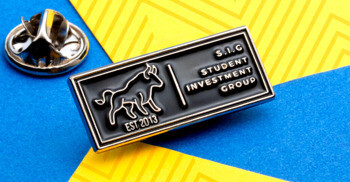 Rectangular black and silver lapel pin for S.I.G Student Investment Group featuring a bull emblem and Est 2013 text.