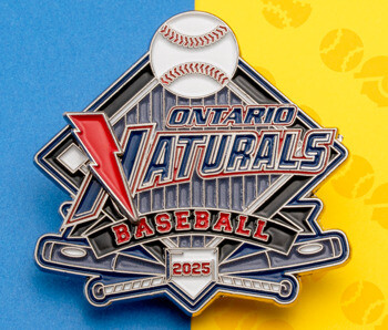 Enamel lapel pin for Ontario Naturals Baseball 2025 featuring a baseball, red lightning bolt, and crossed bats on a blue and yellow background.