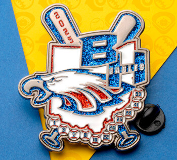 Custom baseball lapel pin featuring a glittery blue BH logo, an eagle head, crossed bats, and the year 2025.
