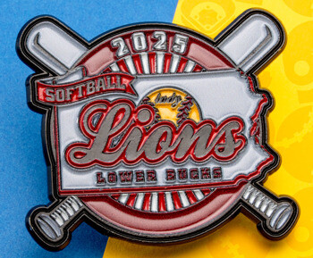 Softball lapel pin with '2025 Lady Lions Lower Bucks' text over a Pennsylvania state outline and crossed bats.