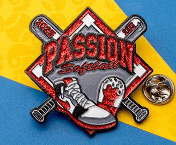 Custom enamel trading pin for Passion Softball featuring crossed bats, a cleat, and red glitter accents on a baseball diamond background.