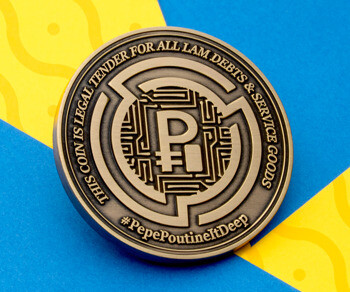 Antiqued bronze challenge coin featuring a central stylized P logo with circuit board patterns on a blue and yellow background.