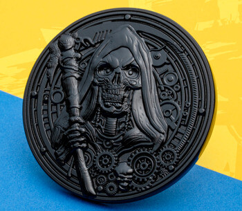 Matte black challenge coin featuring a hooded skeletal reaper figure and clockwork gears.