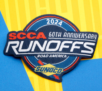 Embroidered patch for SCCA 60th Anniversary Runoffs 2024 at Road America featuring Sunoco branding.