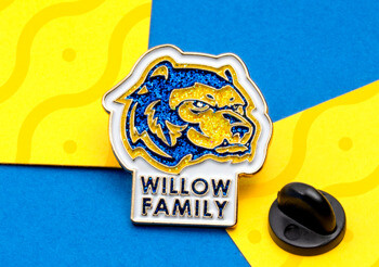 Willow Family lapel pin featuring a blue and gold glitter bulldog mascot head on a white background.
